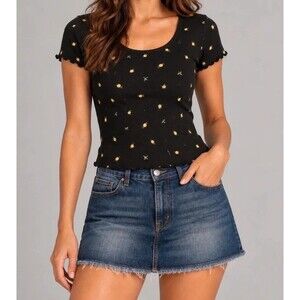 ALYA Black Pineapple Print Ribbed Crop Babydoll Tee Size Small Y2K Summer